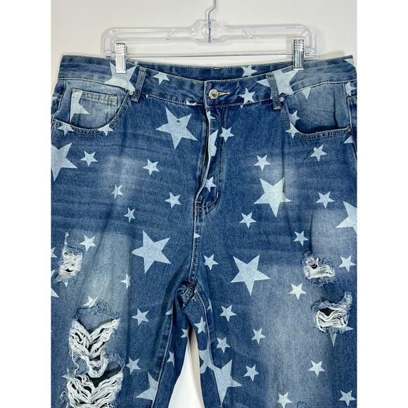 NWT Mekool Distressed Blue With Star Print High Waisted Jeans Pants Size 2XL - Picture 2 of 10